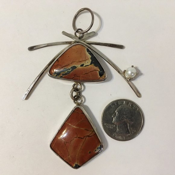 Big Red Canyon Pendant Turquoise Pearl Unique Necklace Sterling Silver Asian New - Picture 6 of 10